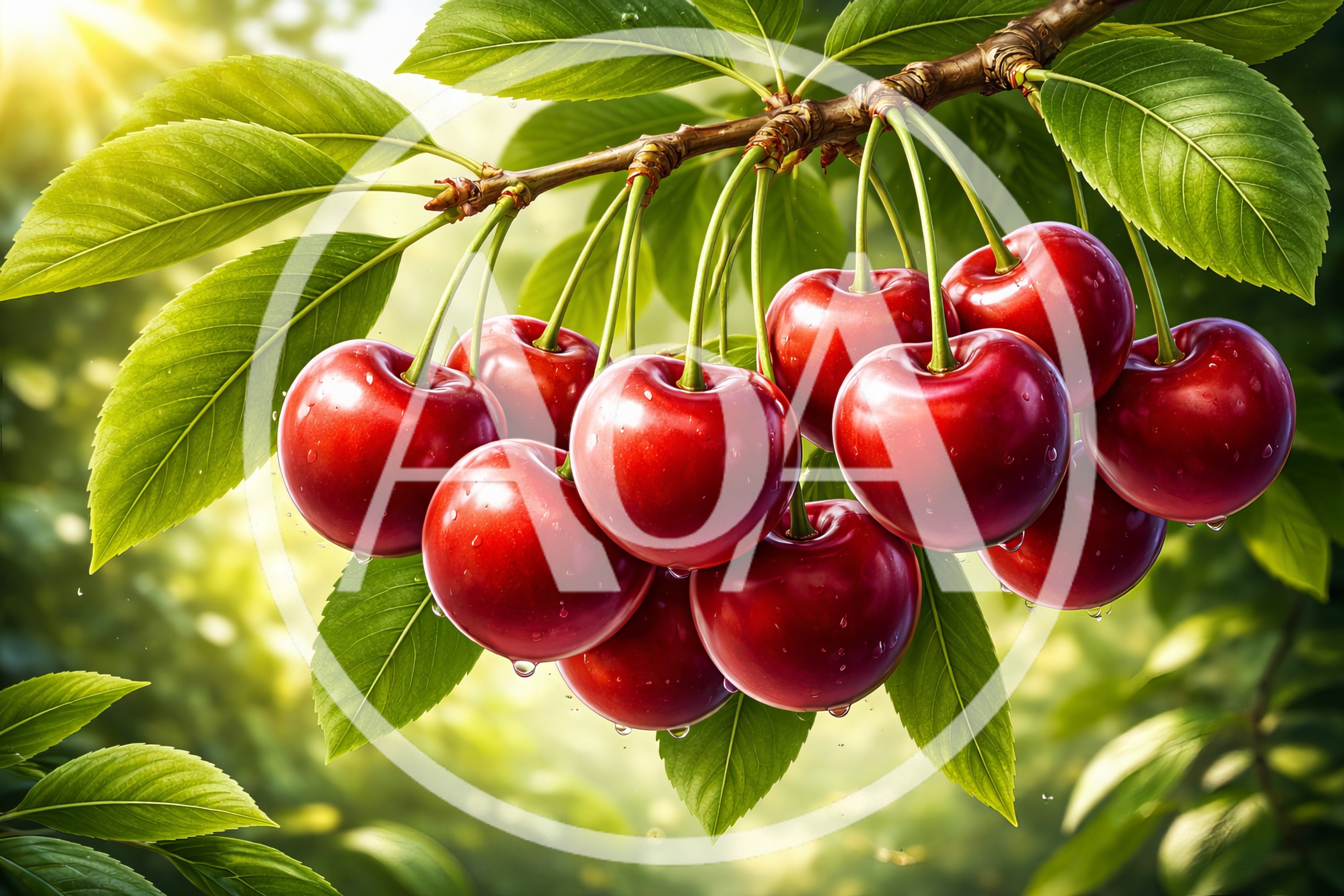 Fresh Red Cherries Hanging From A Tree Branch