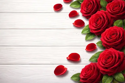 Red Roses and Petals on White Wooden Background