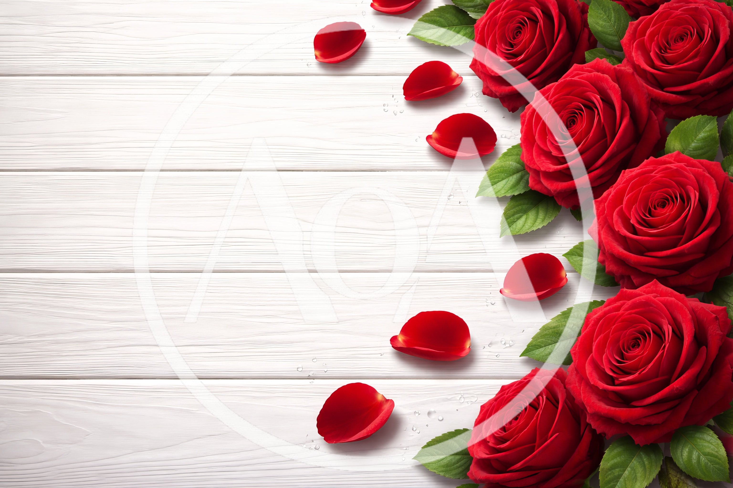 Red Roses and Petals on White Wooden Background