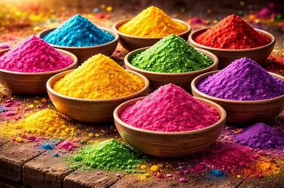 Colorful Holi Festival Powder Bowls on Wooden Table