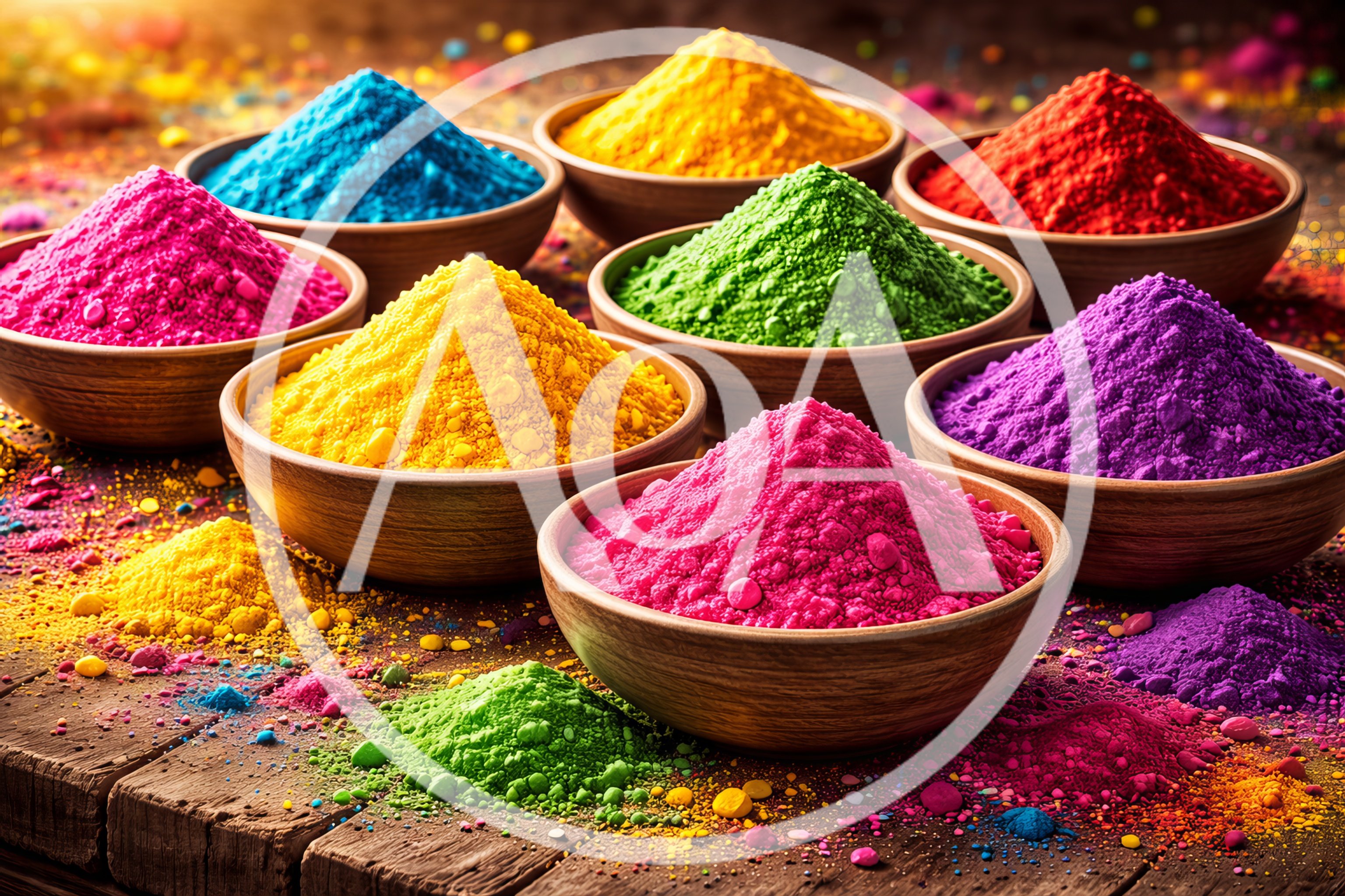 Colorful Holi Festival Powder Bowls on Wooden Table