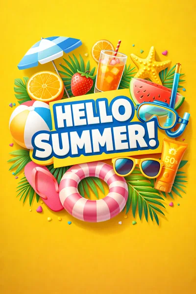Summer Vacation Elements Composition on Yellow Background