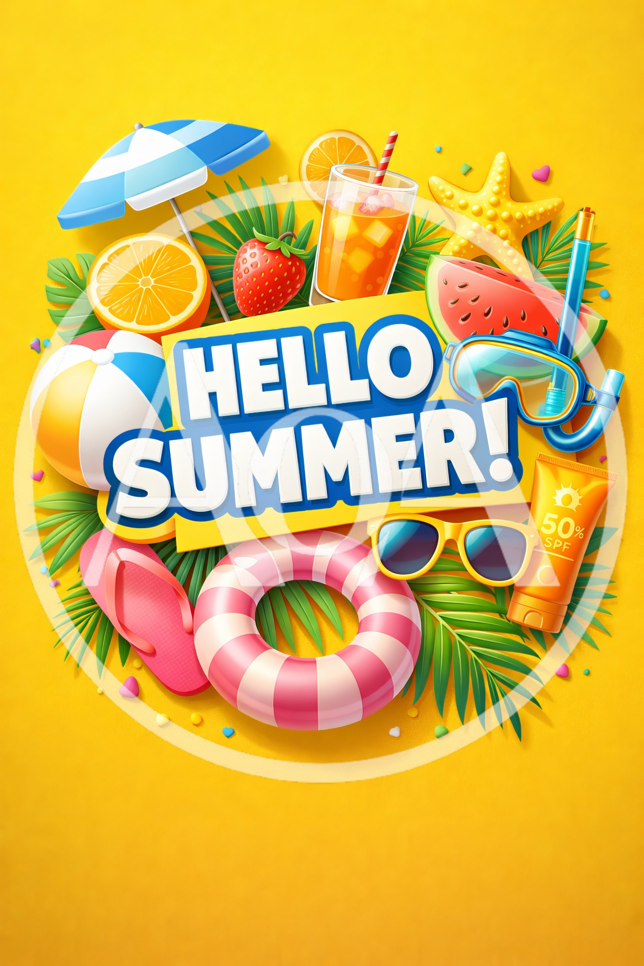 Summer Vacation Elements Composition on Yellow Background