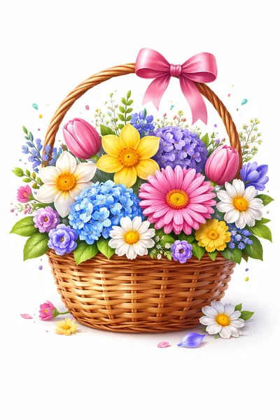 Wicker Basket Filled With Vibrant Spring Flowers