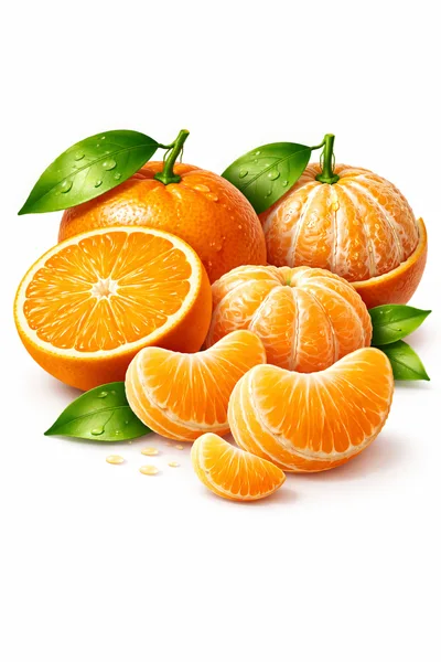 Fresh Whole And Sliced Mandarin Oranges With Green Leaves
