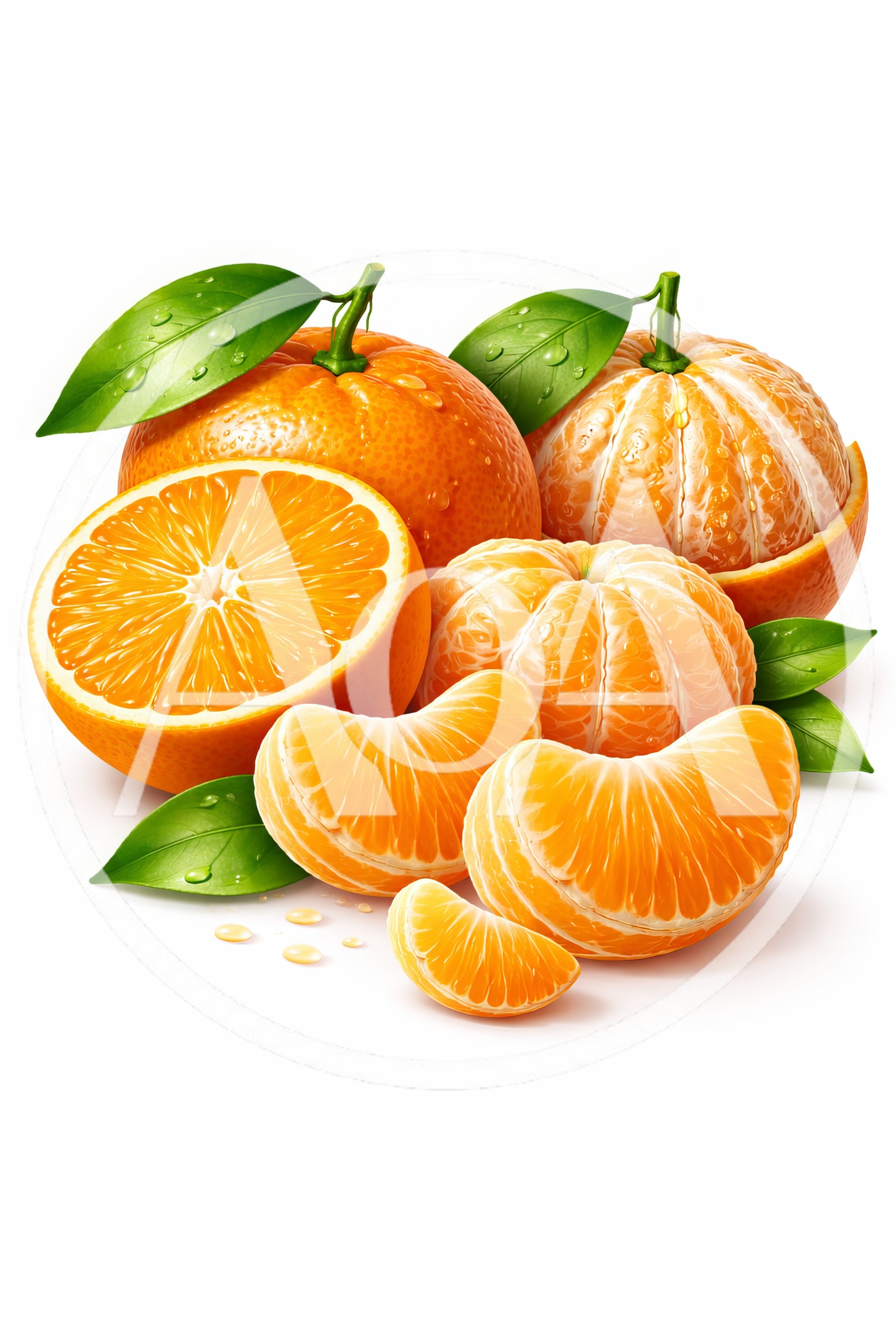 Fresh Whole And Sliced Mandarin Oranges With Green Leaves