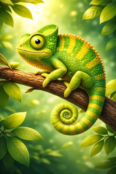 Vibrant Green And Yellow Chameleon Perched On Tree Branch