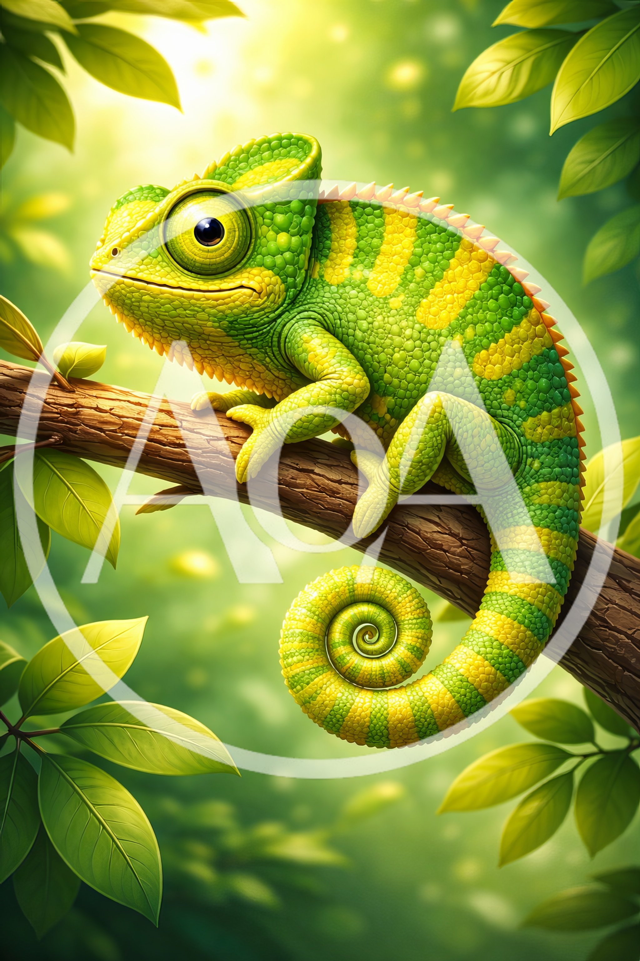 Vibrant Green And Yellow Chameleon Perched On Tree Branch