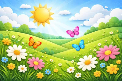 Vibrant Spring Landscape With Butterflies And Wildflowers