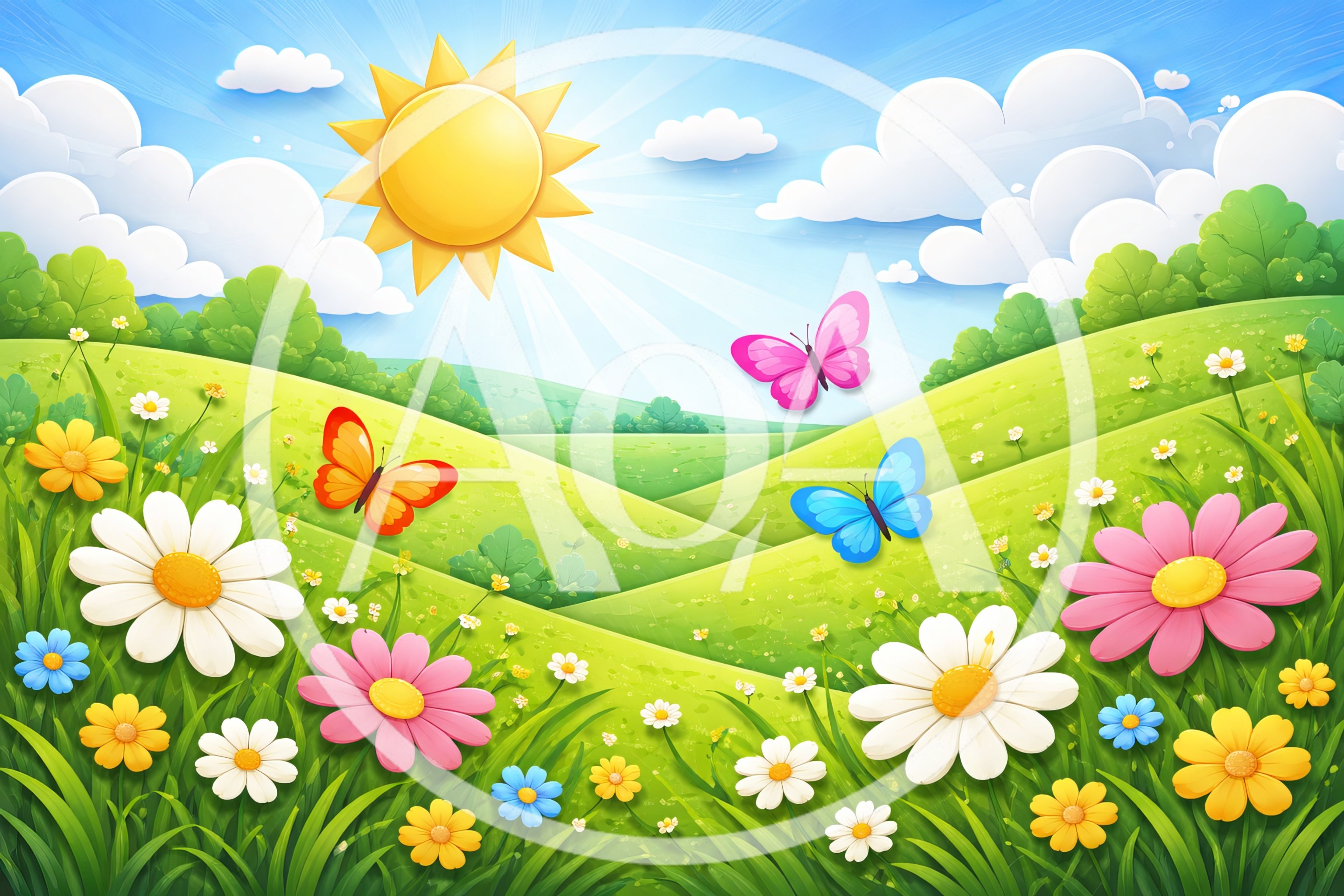 Vibrant Spring Landscape With Butterflies And Wildflowers