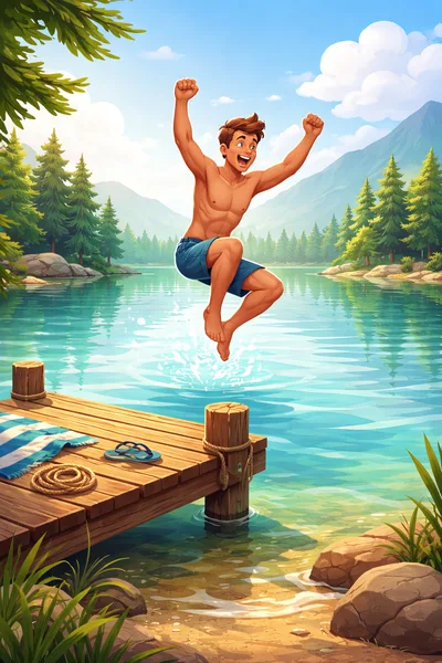 Young Man Jumping Into A Mountain Lake