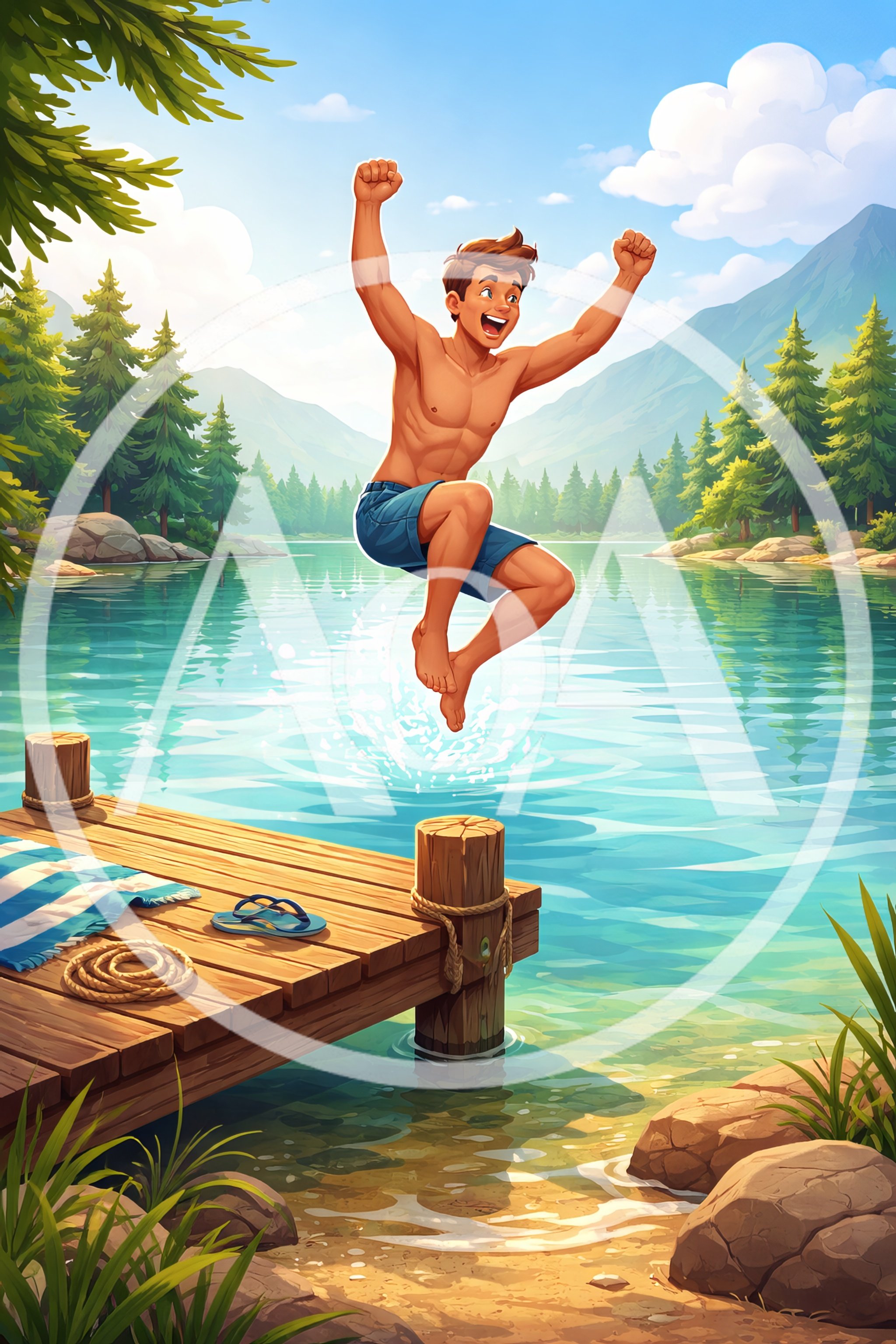 Young Man Jumping Into A Mountain Lake