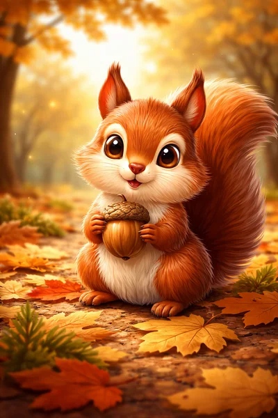 Cute Squirrel Holding An Acorn In Autumn Forest