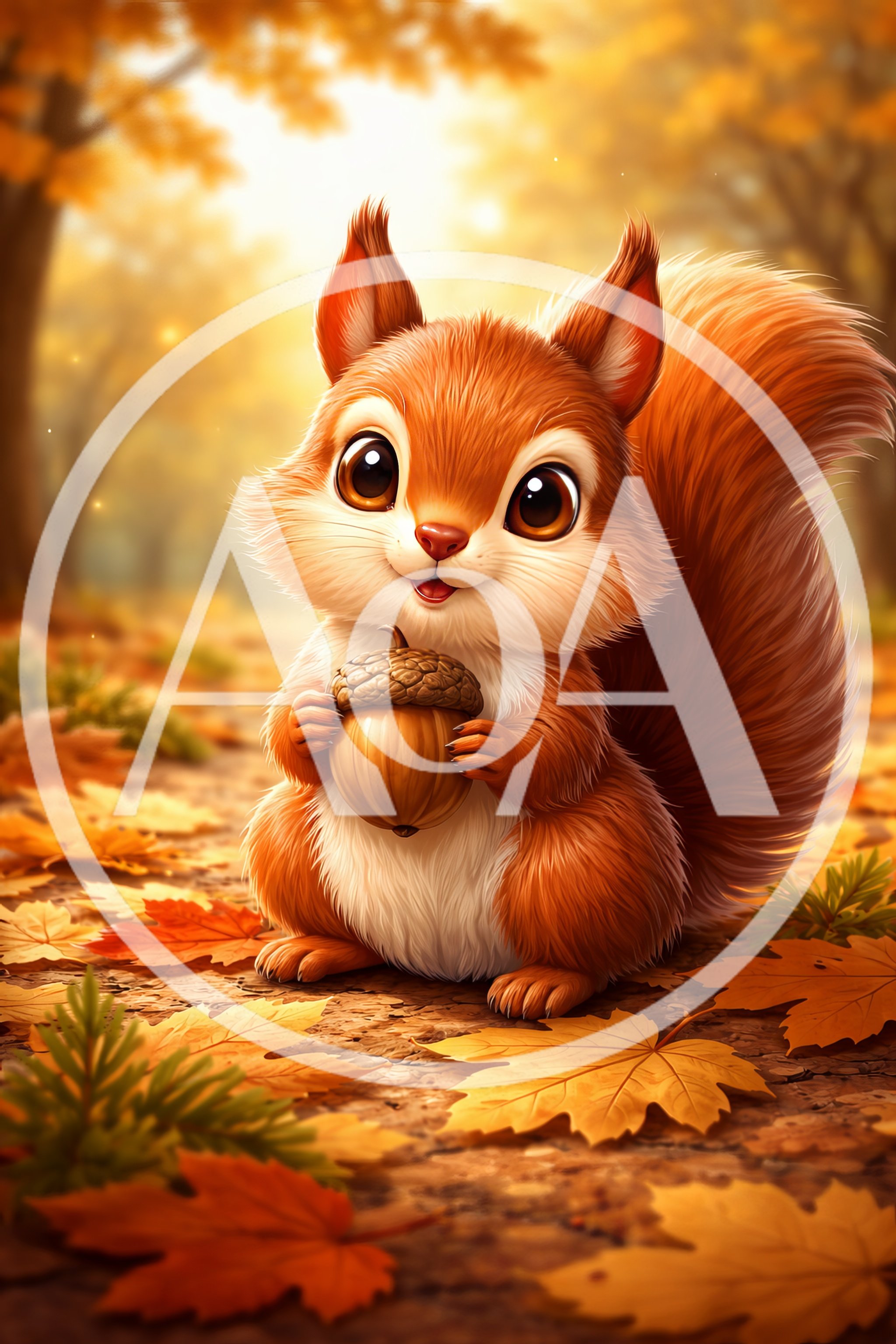 Cute Squirrel Holding An Acorn In Autumn Forest