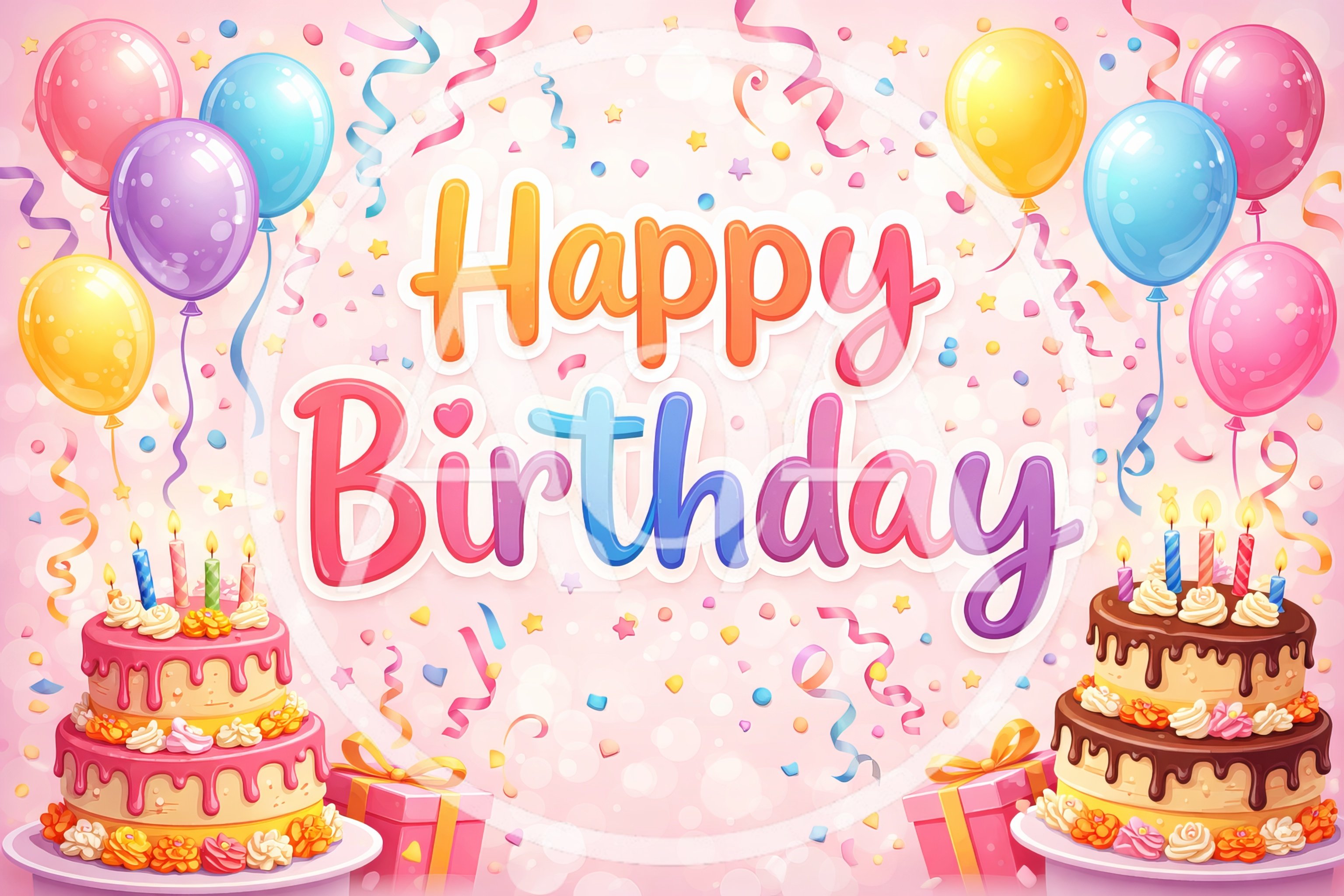 Happy Birthday Celebration Background With Cakes And Balloons