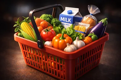 Red Shopping Basket Filled With Fresh Groceries