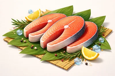Fresh Salmon Steaks on Bamboo Mat with Lemon