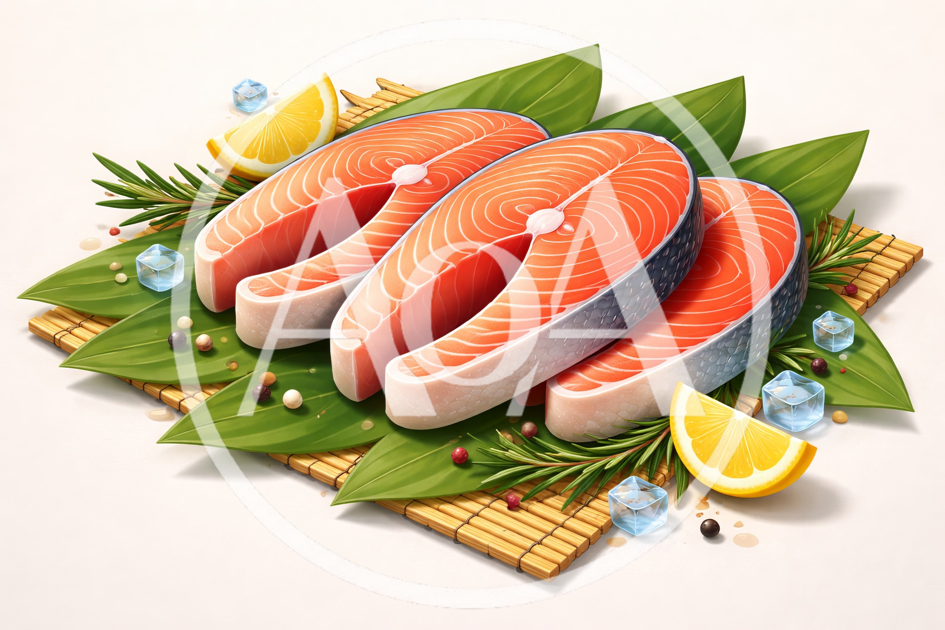 Fresh Salmon Steaks on Bamboo Mat with Lemon