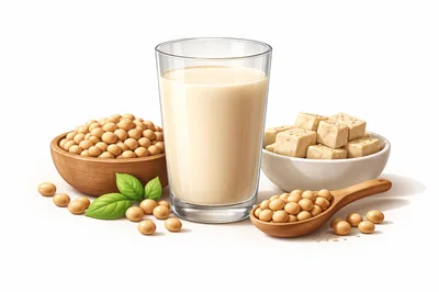 Soy Milk Glass With Soybeans And Tofu Cubes