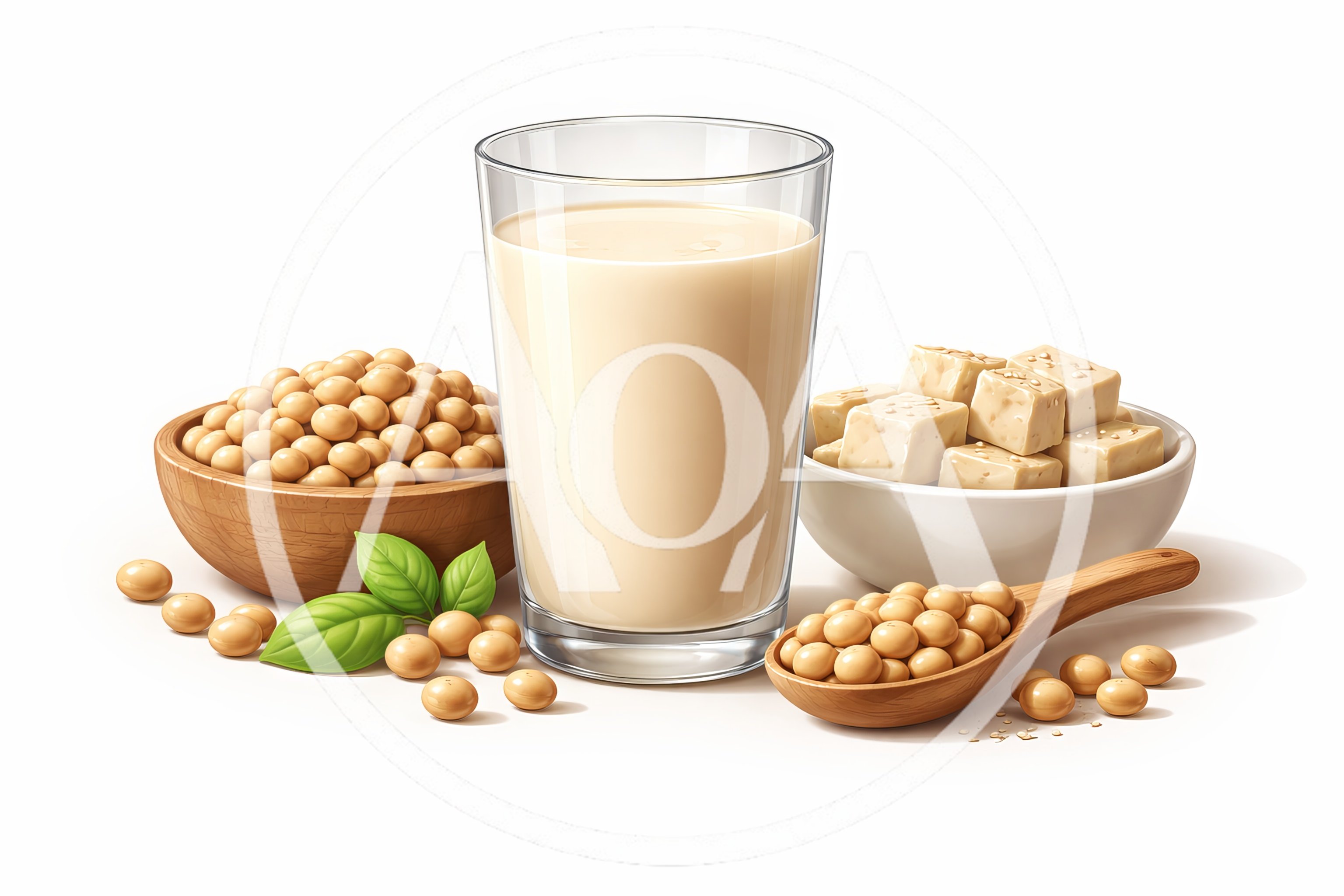 Soy Milk Glass With Soybeans And Tofu Cubes