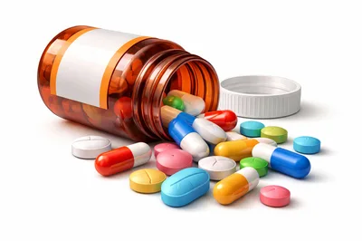 Pill Bottle Spilling Assorted Colorful Medication Capsules