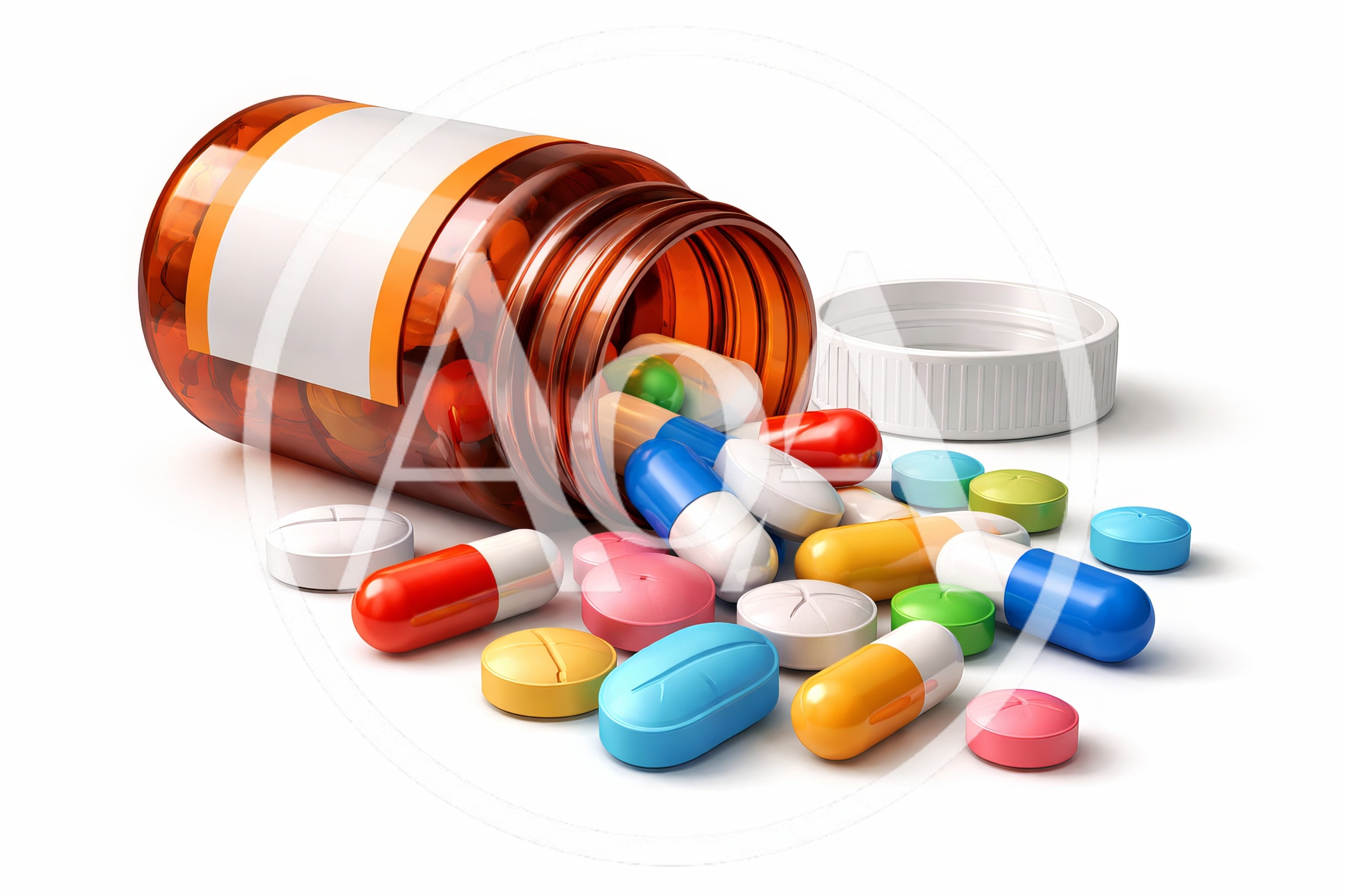 Pill Bottle Spilling Assorted Colorful Medication Capsules