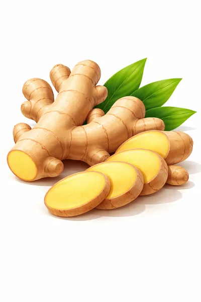 Fresh Ginger Root With Sliced Pieces And Green Leaves