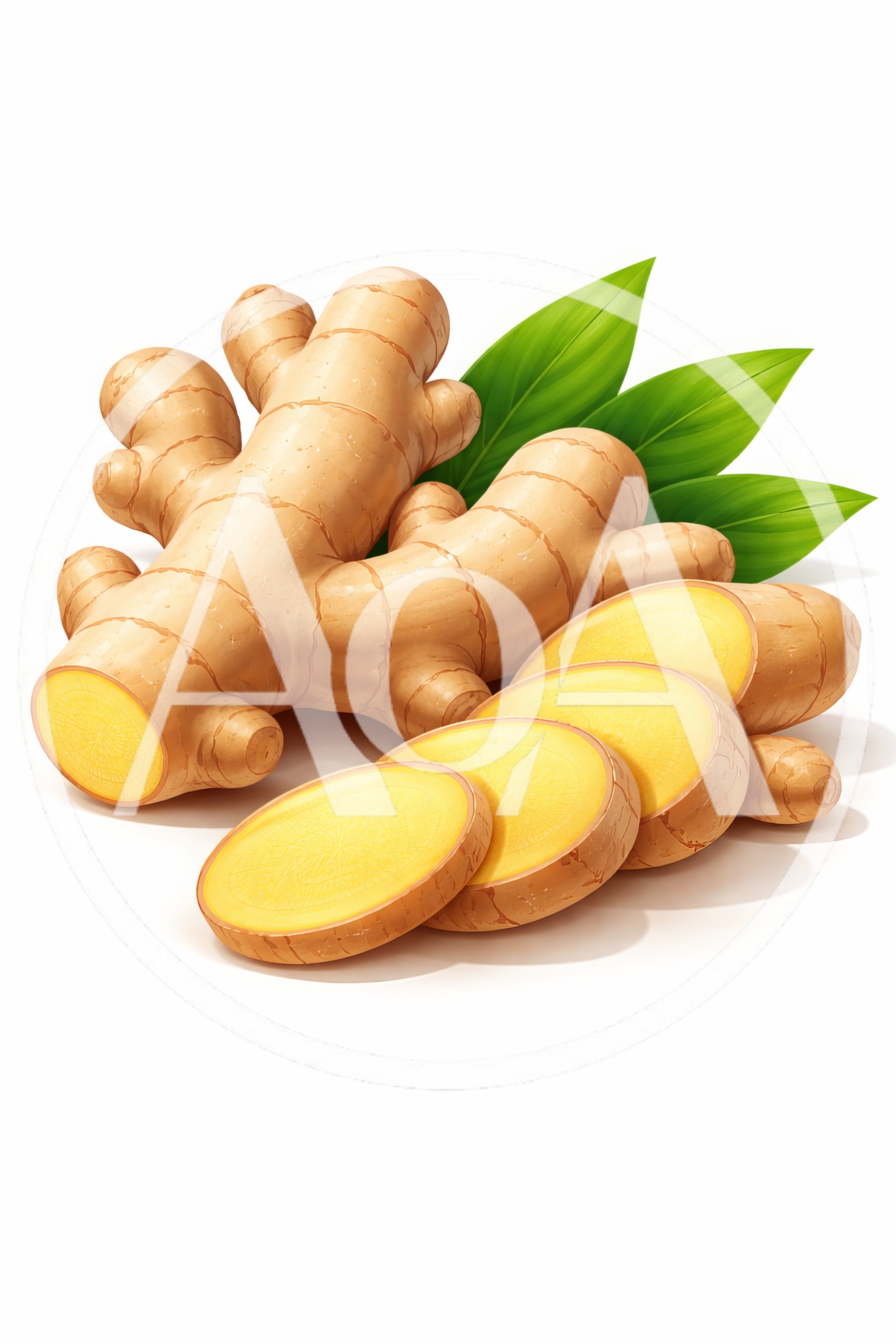Fresh Ginger Root With Sliced Pieces And Green Leaves
