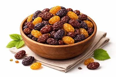 Wooden Bowl Filled With Assorted Dried Raisins