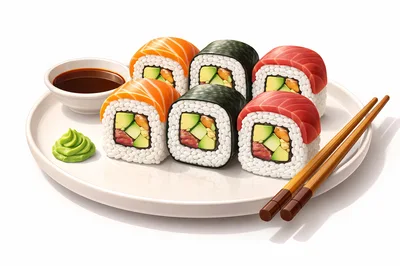 Fresh Sushi Rolls With Soy Sauce And Wasabi