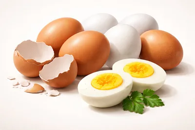 Assorted Brown and White Eggs with Hard Boiled Halves