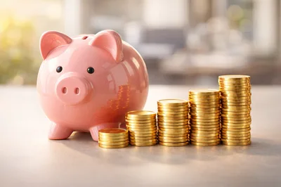 Pink Piggy Bank With Stacks Of Gold Coins