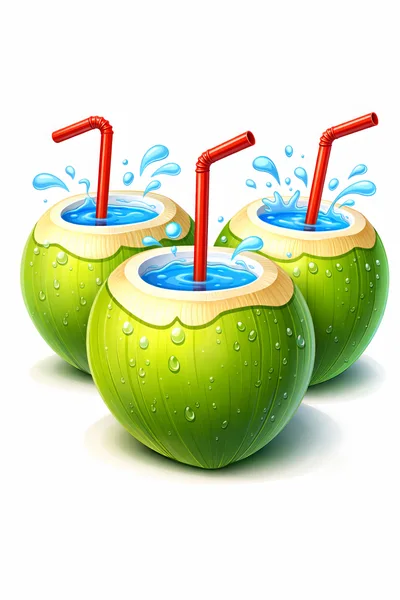 Three Fresh Green Coconuts With Red Straws