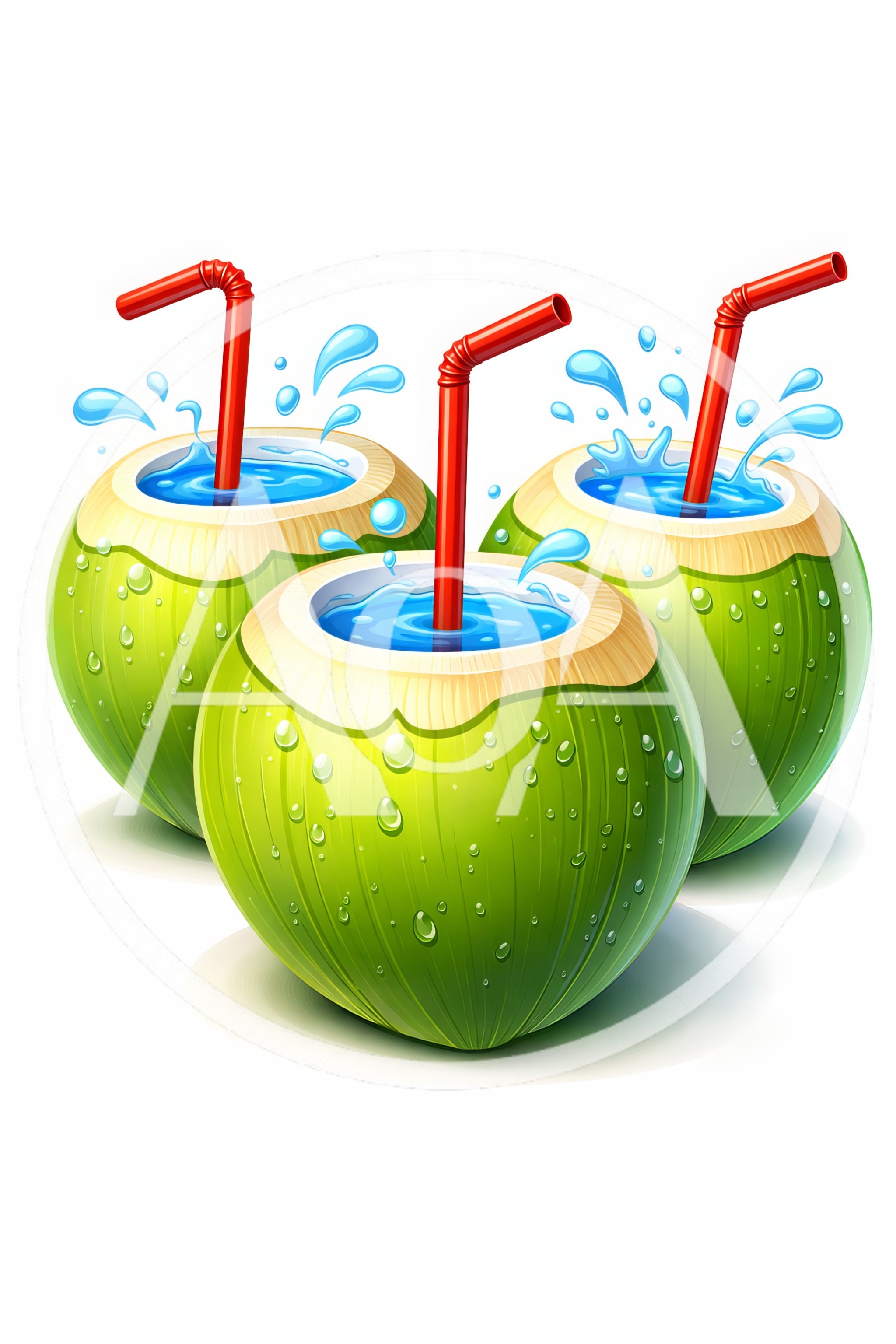 Three Fresh Green Coconuts With Red Straws