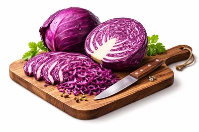 Red Cabbage Preparation on a Wooden Cutting Board