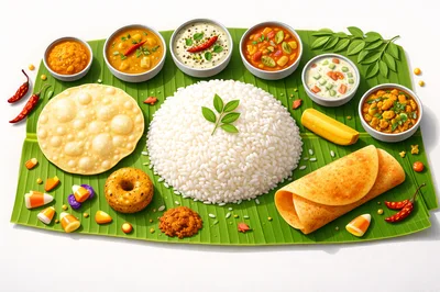 Traditional South Indian Meal Served On Banana Leaf