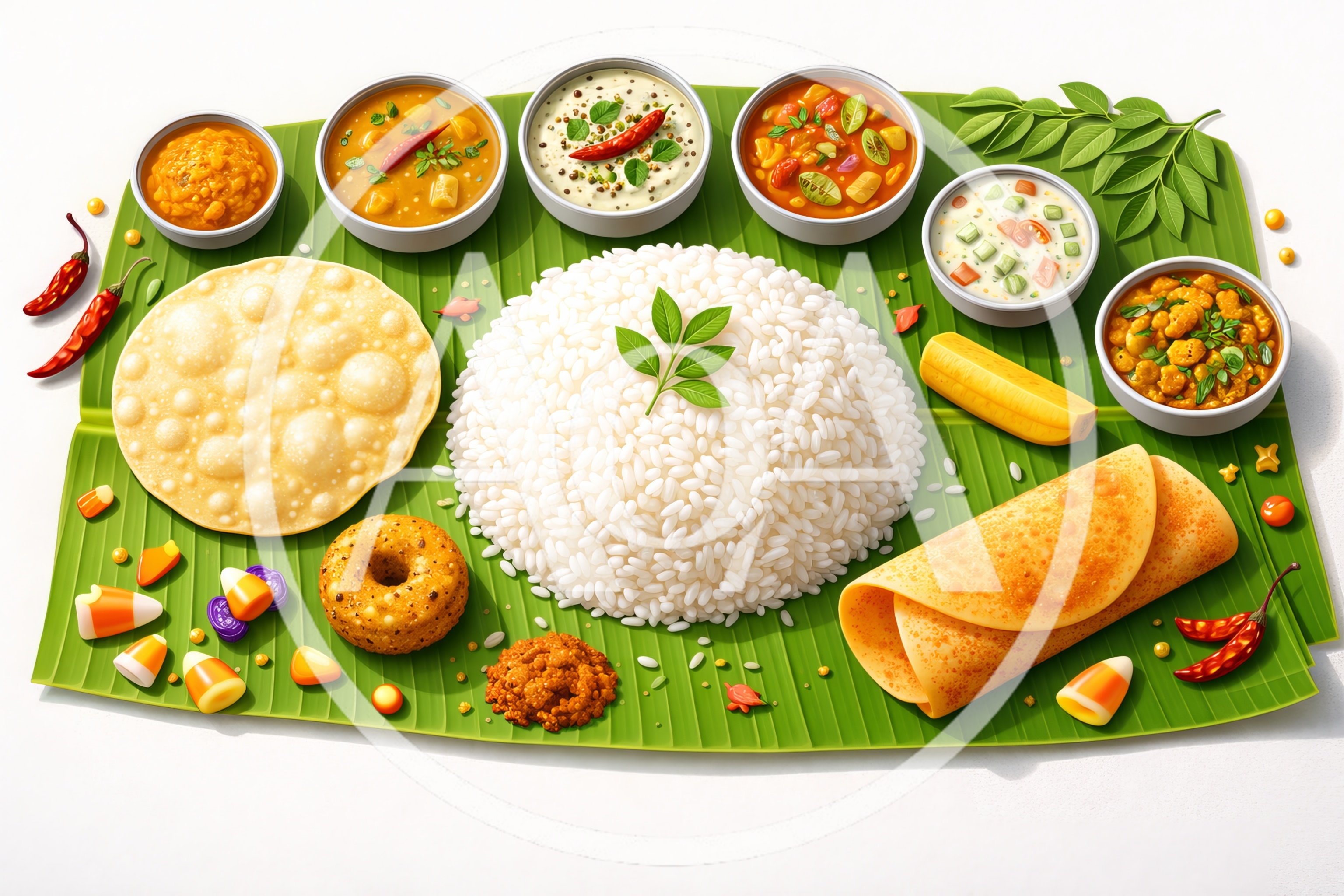 Traditional South Indian Meal Served On Banana Leaf