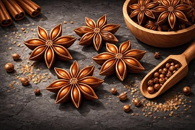 Star Anise Spices and Cinnamon Sticks on Dark Stone