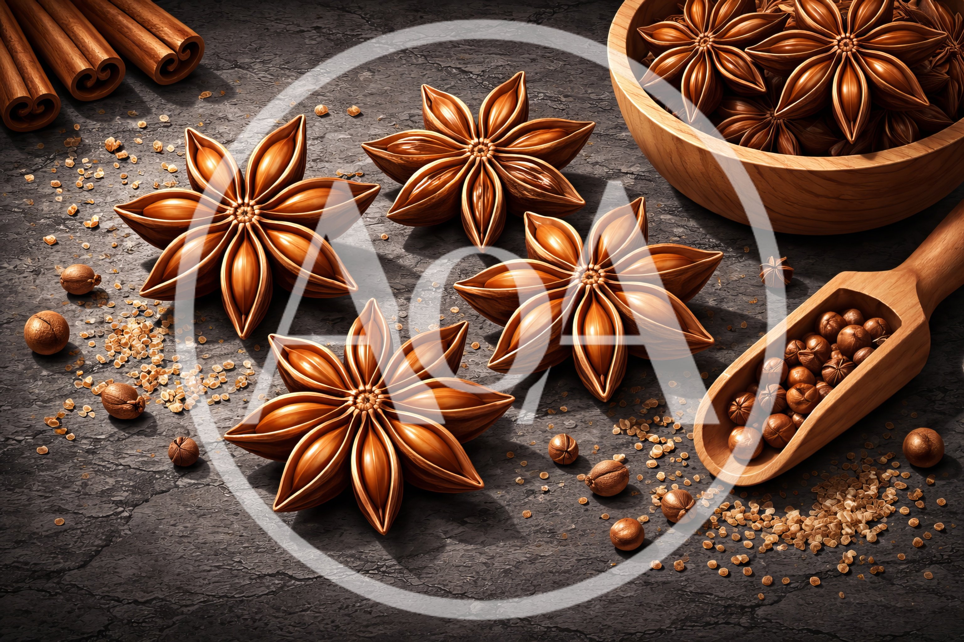 Star Anise Spices and Cinnamon Sticks on Dark Stone