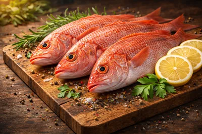 Three Fresh Red Snapper Fish on Wooden Cutting Board