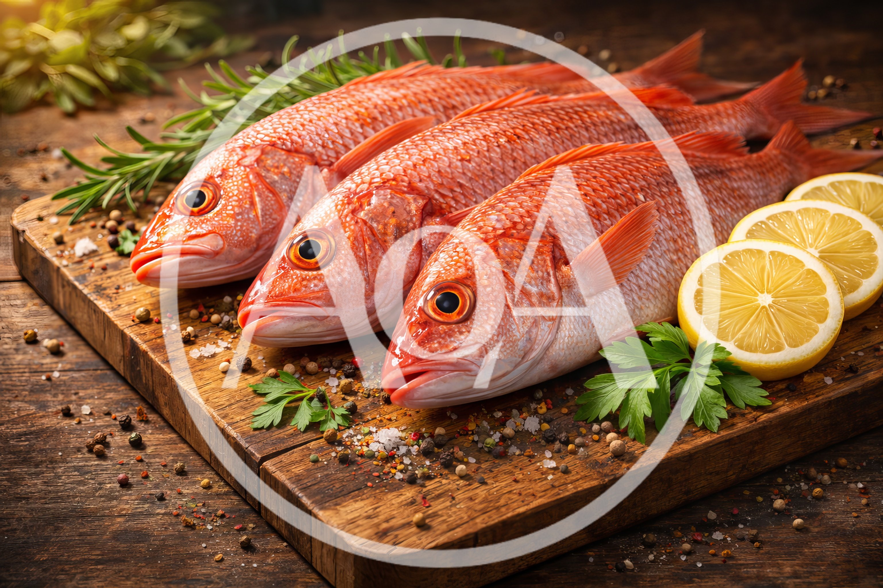 Three Fresh Red Snapper Fish on Wooden Cutting Board