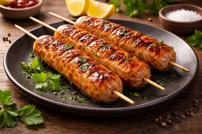 Grilled Sausages On Skewers Served On A Plate