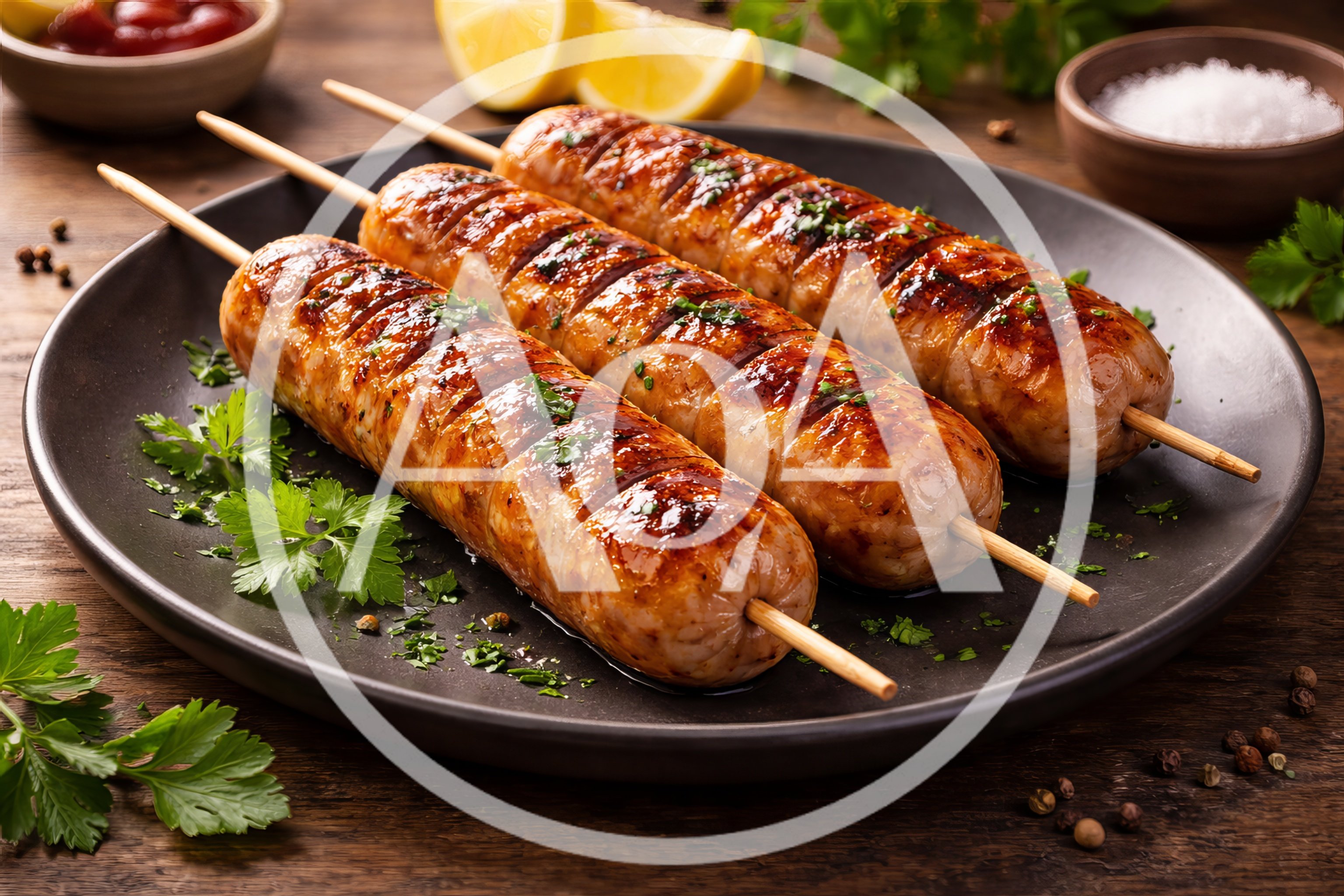 Grilled Sausages On Skewers Served On A Plate