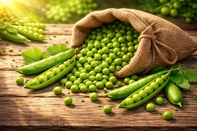 Fresh Green Peas Spilling From Burlap Sack