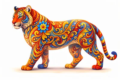 Ornate Tiger Illustration With Vibrant Floral Patterns