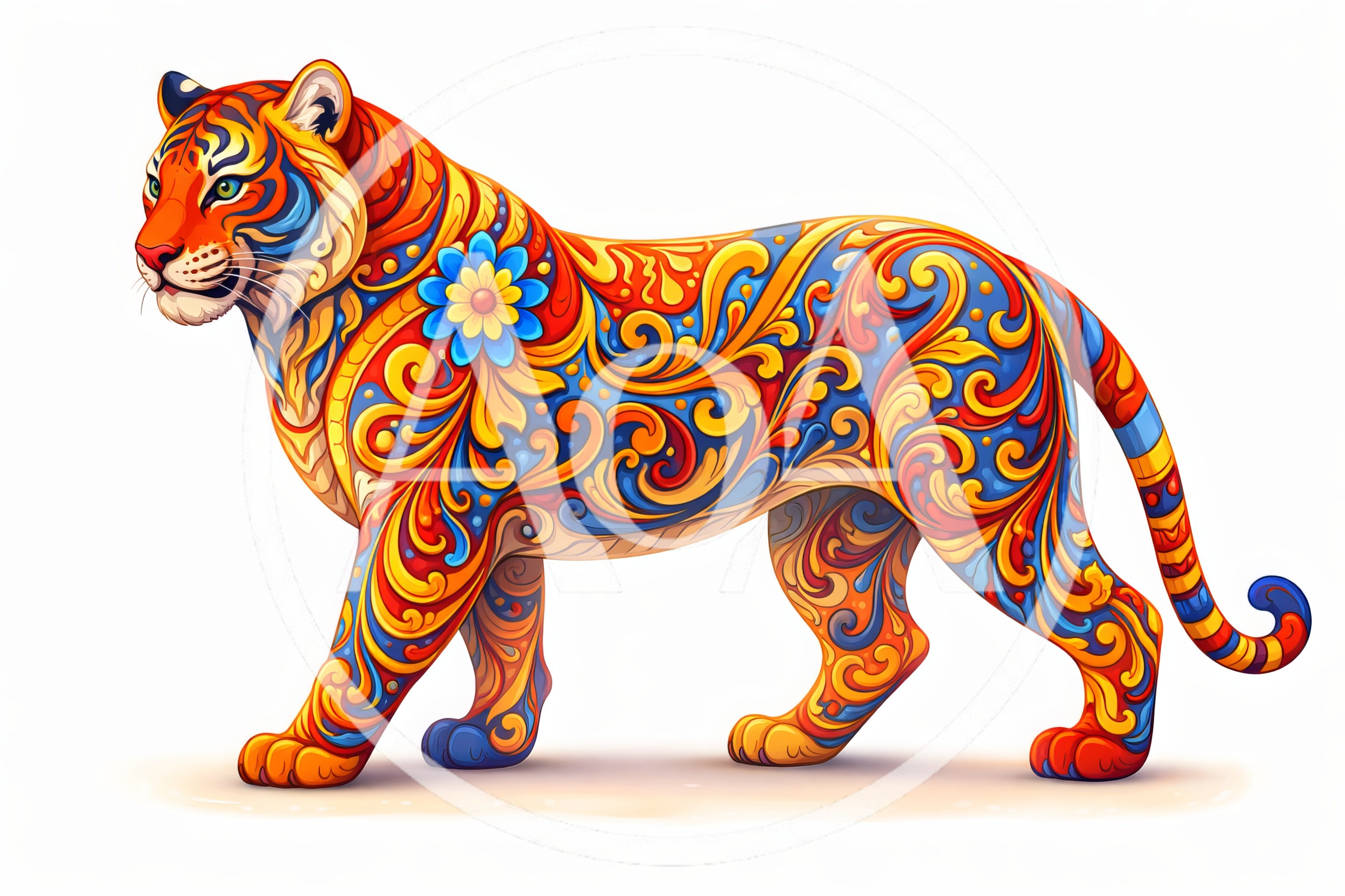 Ornate Tiger Illustration With Vibrant Floral Patterns