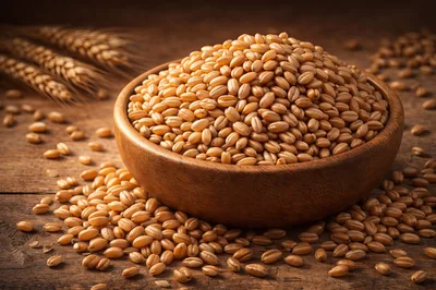 Wooden Bowl Filled With Raw Wheat Grains