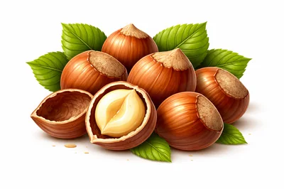 Fresh Hazelnuts With Green Leaves On White Background
