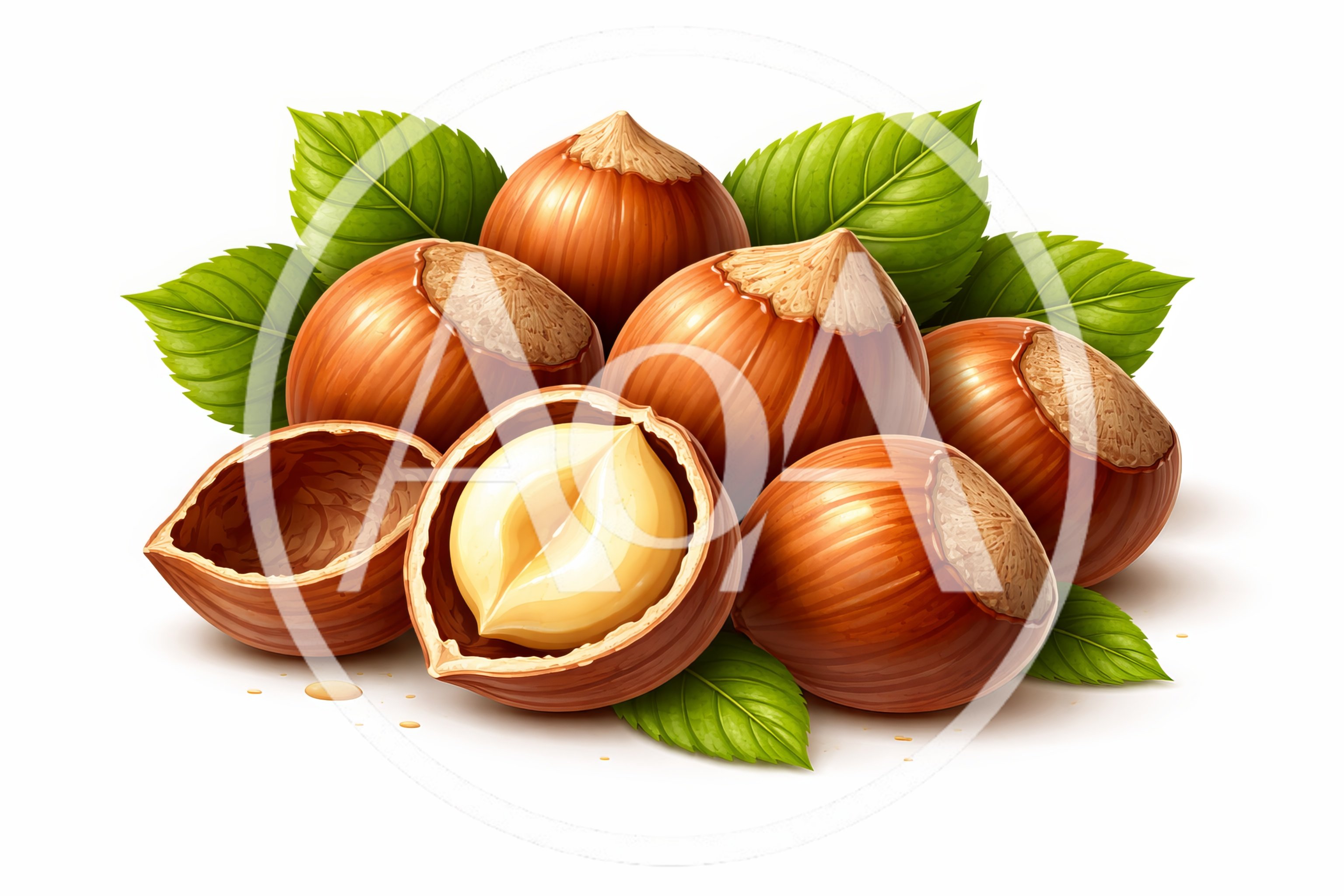 Fresh Hazelnuts With Green Leaves On White Background