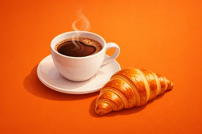 Steaming Cup Of Coffee And A Fresh Croissant